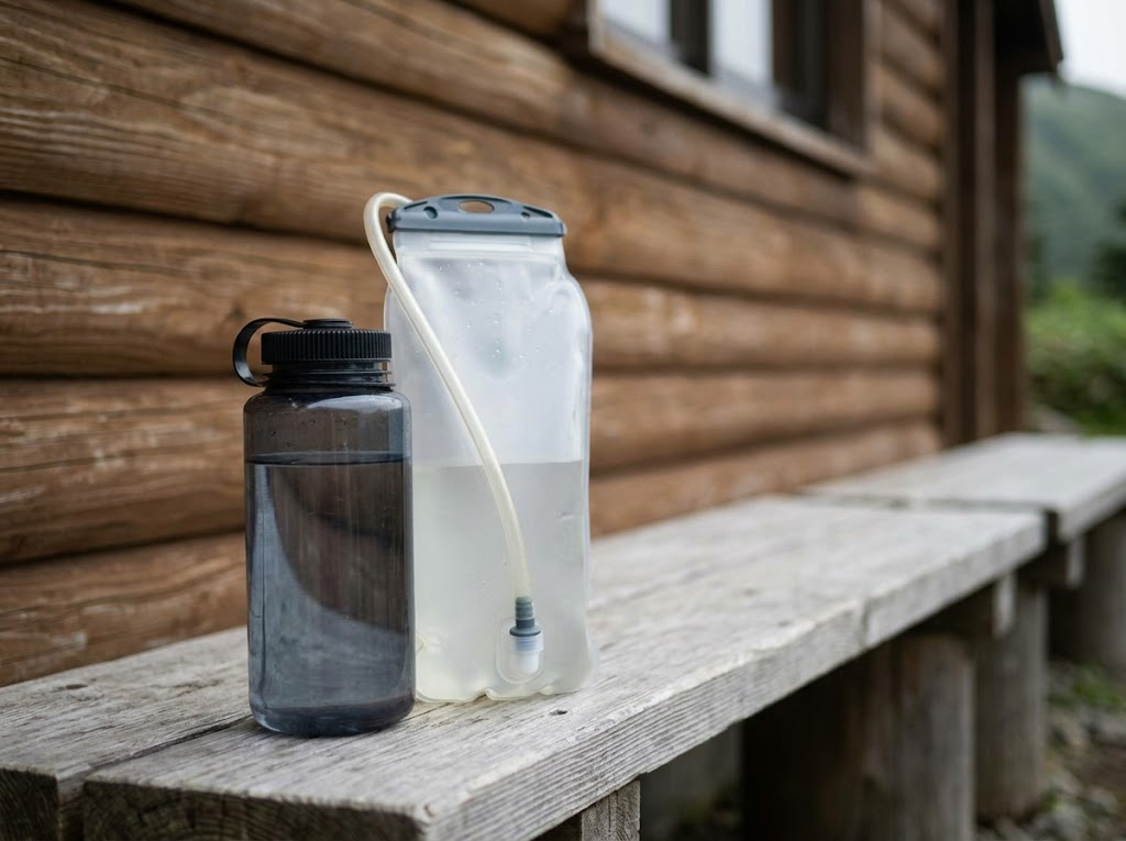 山小屋のベンチに置いた水筒