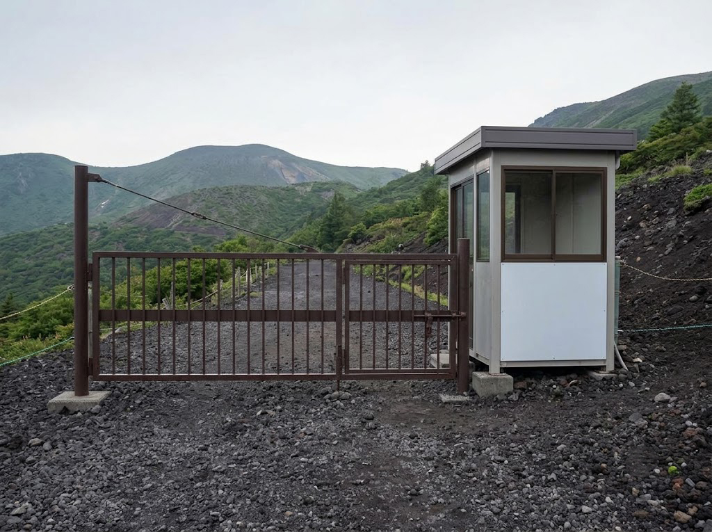 登山口のゲートと詰所のイメージ。実際の富士山の施設を撮影したものではありません