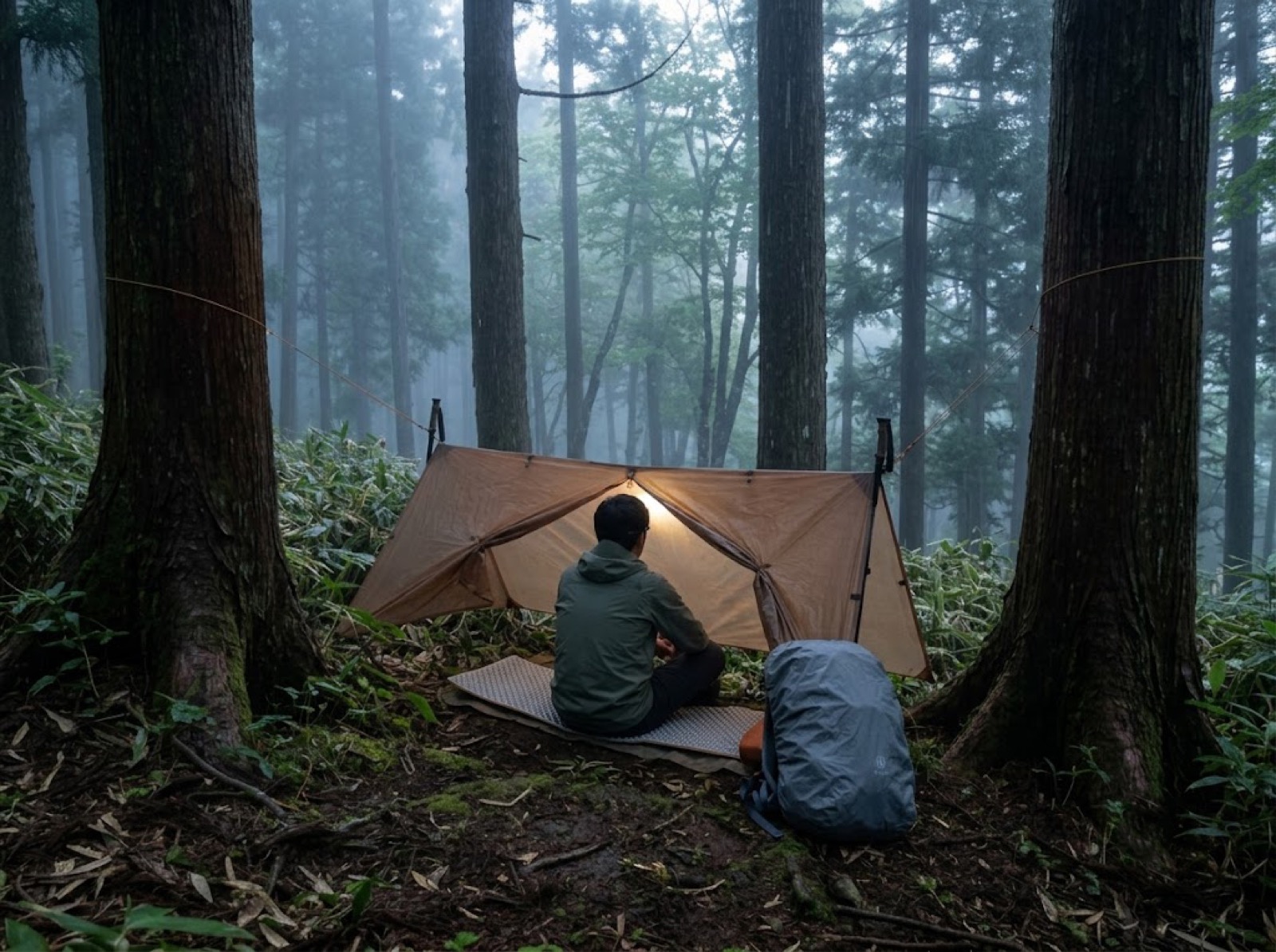 ツェルトの下で雨をやり過ごす