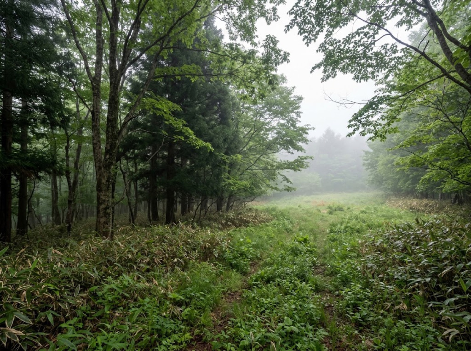 霧のかかった林縁の草地