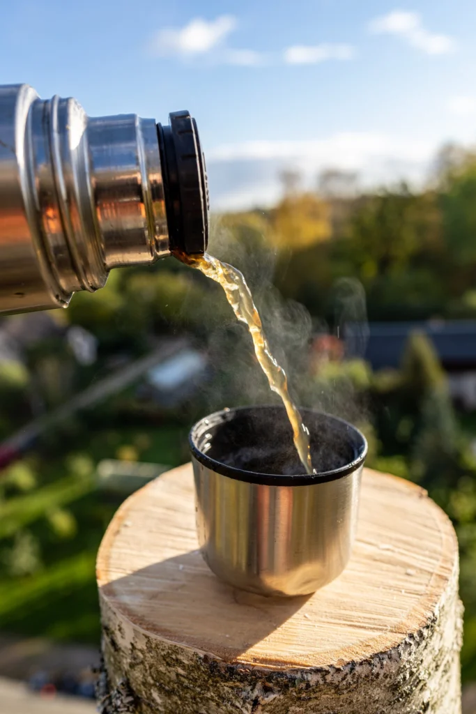 保温ボトルから湯気の立つお茶がカップに注がれている